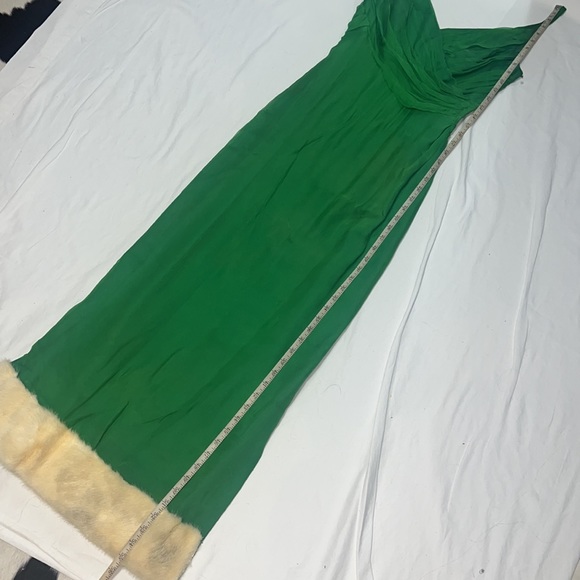 Vintage 1950’s Green Genuine Cream Mink Fur Trim Silk Evening Gown - Picture 8 of 10